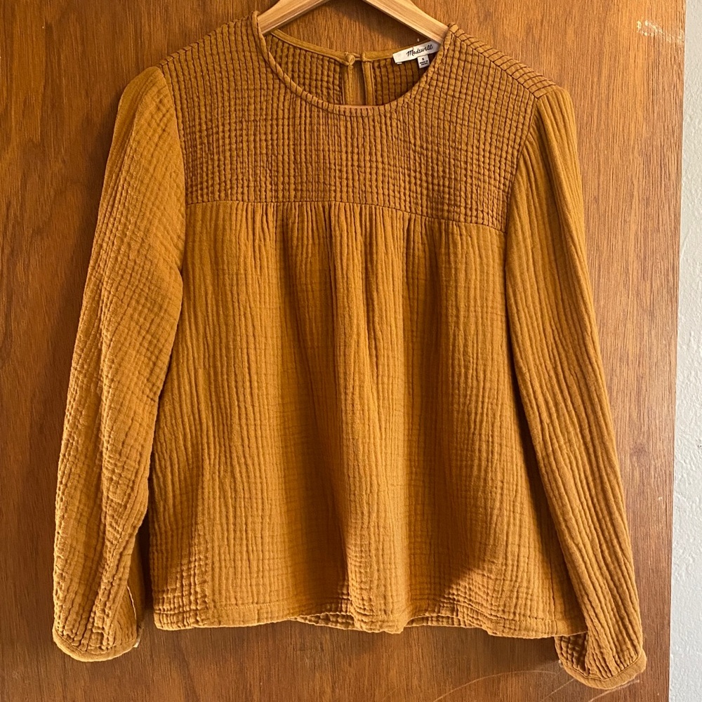 Madewell Women Long Puff Sleeve Mustard Yellow Waffle Knit Georgette Top Small - Picture 2 of 8